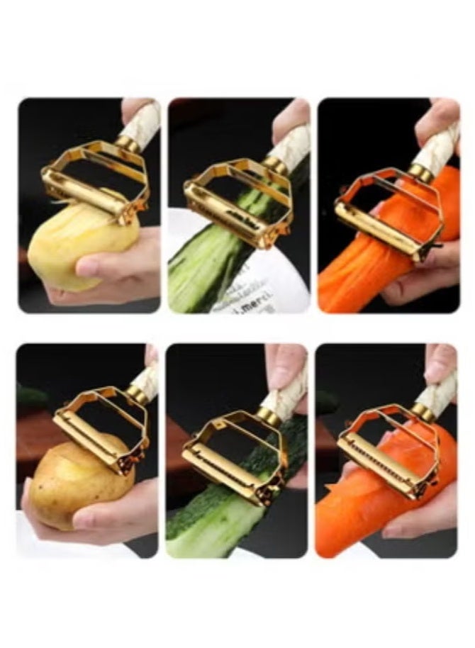 Hoasis Stainless Steel 3 in 1 Vegetable Peeler, Fruit Potato Peeler with Ergonomic Non-Slip Handle, Peeling Shredding Digging Functions Integrated, Kitchen Tool (Gold) 18x8x2 cm - Image 3