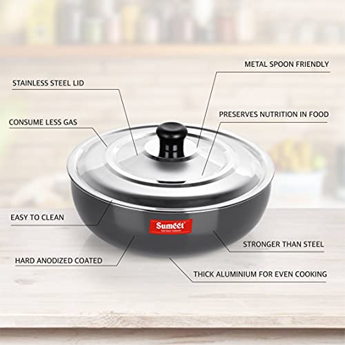 Sumeet 3mm Hard Anodized Deep Tasla with Stainless Steel Lid Size No. - 10 (18.5cm Dia. 1.3L Capacity) - Image 2
