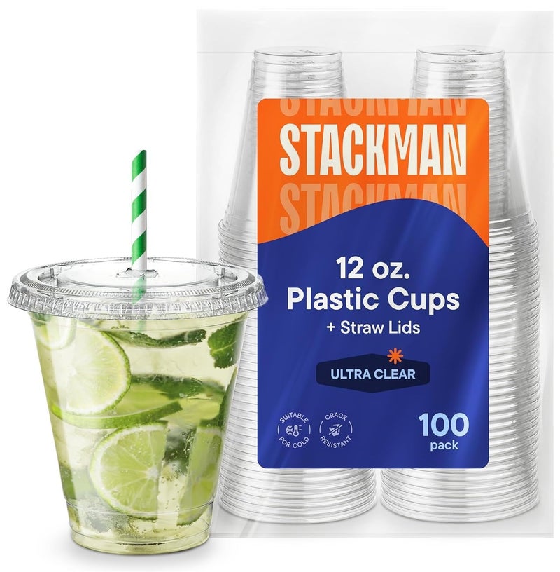 Stack Man 12 oz Clear Plastic Cups with Straw-Slot Lids [100 Sets] PET Crystal Clear Disposable 12oz Plastic Cups with Lids - Crystal Clear  Durable Cup. BPA Free + Crack Resistant  for Coffee  Juice  Shakes - Image 1