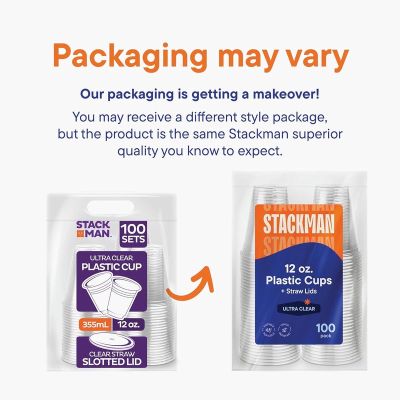 Stack Man 12 oz Clear Plastic Cups with Straw-Slot Lids [100 Sets] PET Crystal Clear Disposable 12oz Plastic Cups with Lids - Crystal Clear  Durable Cup. BPA Free + Crack Resistant  for Coffee  Juice  Shakes - Image 5