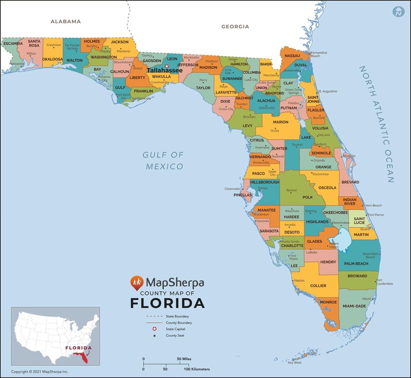 MapSherpa Florida Counties Map - Large - 48" x 44.25" Laminated - Image 1