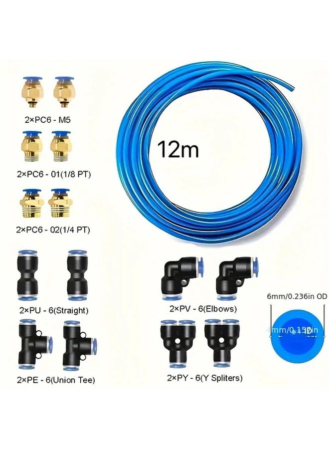 Blue 12M 32 8Ft 6Mm OD PU Air Hose Kit Pneumatic Tubing Hydraulic Waterproof Tools - Image 2