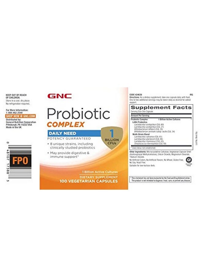 GNC - Probiotic Complex Daily Need With 1 Billion Cfus 100 Capsules Daily Probiotic Support - Image 1