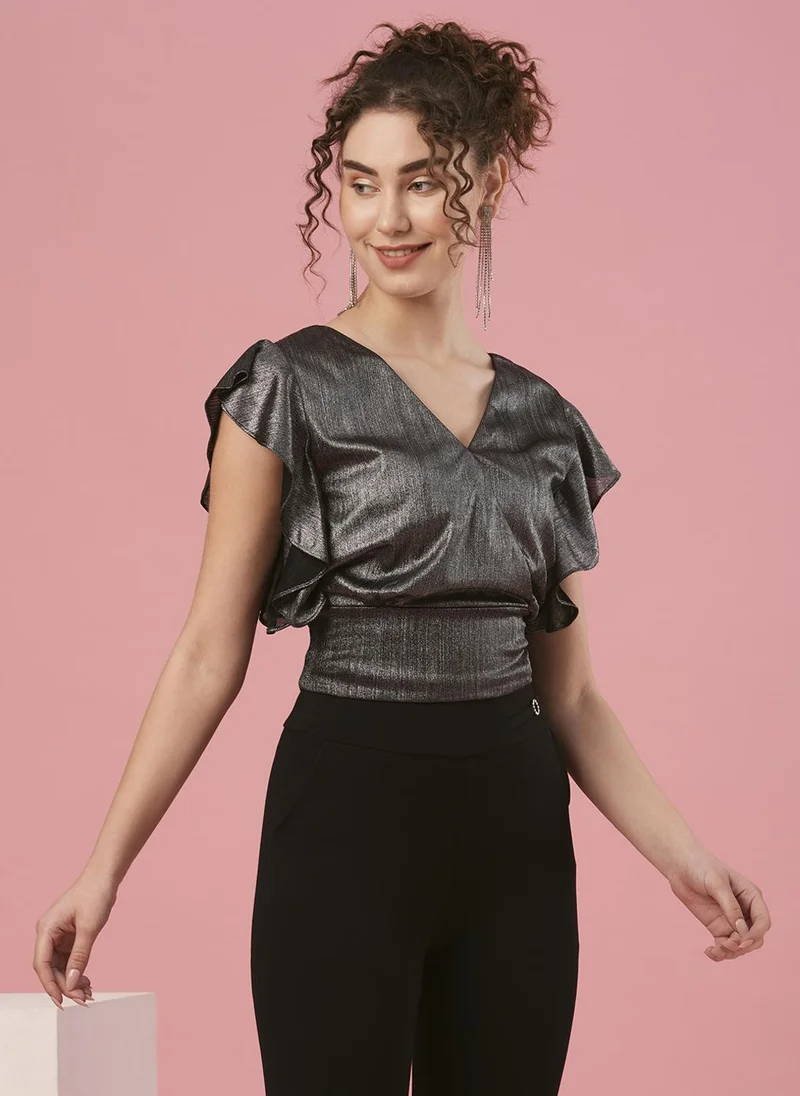 globus Globus Women Black V-Neck Flutter Sleeve Opaque Wrap Top