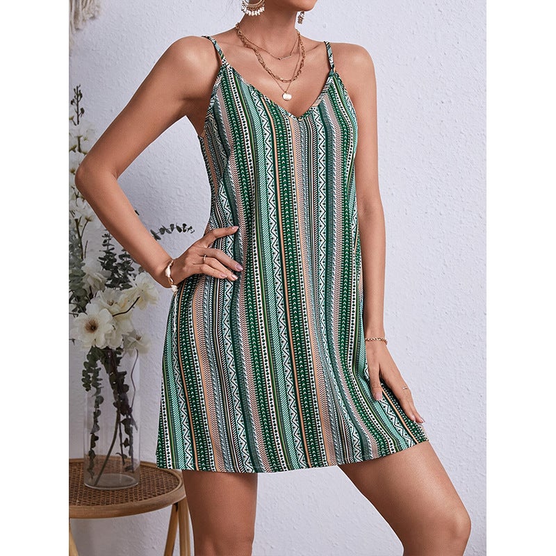 Fashion Ethnic Loose Halter Midi Dress Beach Dress Summer 2025 New Vacation Dress - Image 1