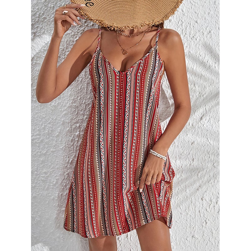 Fashion Ethnic Loose Halter Midi Dress Beach Dress Summer 2025 New Vacation Dress - Image 4