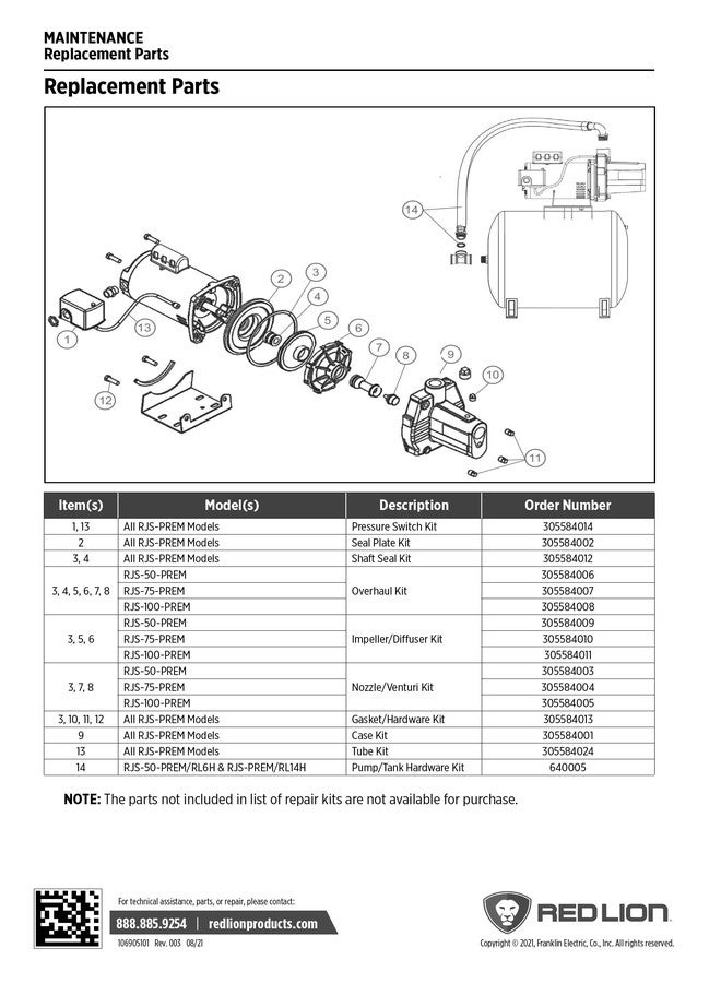 Red Lion 305584008 Overhaul Kit for RJS-100-PREM 1 HP Shallow Well Jet Pump, Natural - Image 4