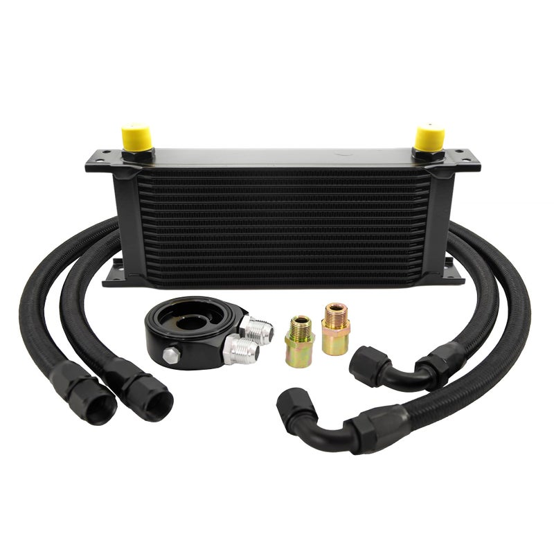 ZHSYMX 16 Row AN1010AN Stacked Plate Oil Cooler Universal Engine Transmission British Radiator Oil Cooler Condenser with Fuel Line Hose Mounting Nut Adapter Clamp Aluminium Alloy Black