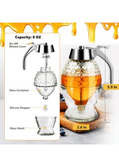 Oasisgalore 8 oz Glass Honey Dispenser with Stand, No-Drip, Honeycomb Design for Home Decor  - Image 3
