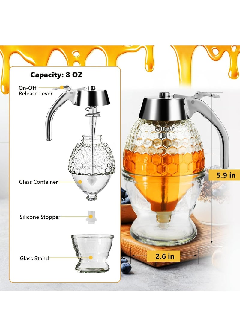 Oasisgalore 8 oz Glass Honey Dispenser with Stand, No-Drip, Honeycomb Design for Home Decor  - Image 3