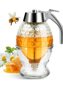 Oasisgalore 8 oz Glass Honey Dispenser with Stand, No-Drip, Honeycomb Design for Home Decor  - Image 1