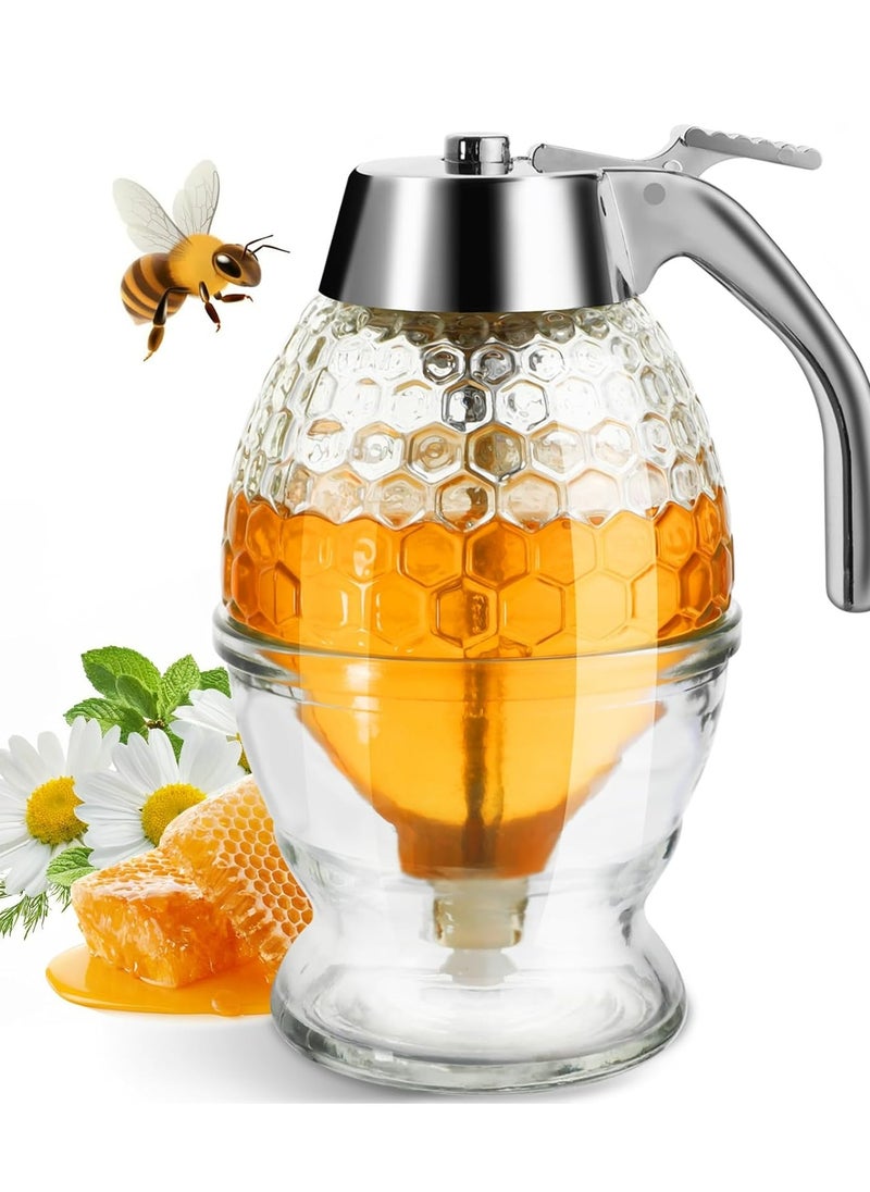 Oasisgalore 8 oz Glass Honey Dispenser with Stand, No-Drip, Honeycomb Design for Home Decor  - Image 1