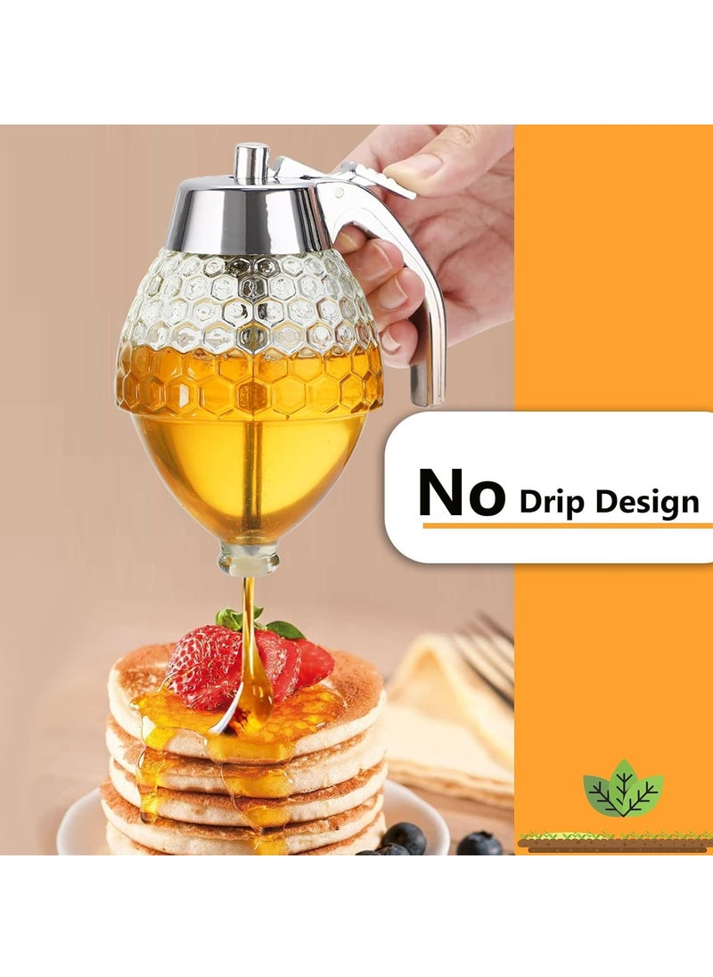 Oasisgalore 8 oz Glass Honey Dispenser with Stand, No-Drip, Honeycomb Design for Home Decor  - Image 2