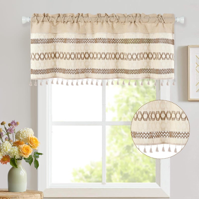 FRAMICS Farmhouse Valance for Windows Linen Valance for Kitchen Boho Crochet Short Curtain with Tassel Country Kitchen Curtain Light Filtering Rod Pocket Window Treatment for Bathroom, 1 Panel - Image 3