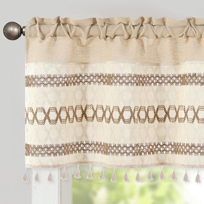 FRAMICS Farmhouse Valance for Windows Linen Valance for Kitchen Boho Crochet Short Curtain with Tassel Country Kitchen Curtain Light Filtering Rod Pocket Window Treatment for Bathroom, 1 Panel - Image 1