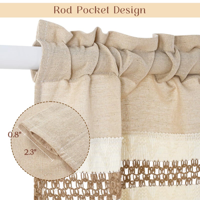 FRAMICS Farmhouse Valance for Windows Linen Valance for Kitchen Boho Crochet Short Curtain with Tassel Country Kitchen Curtain Light Filtering Rod Pocket Window Treatment for Bathroom, 1 Panel - Image 5