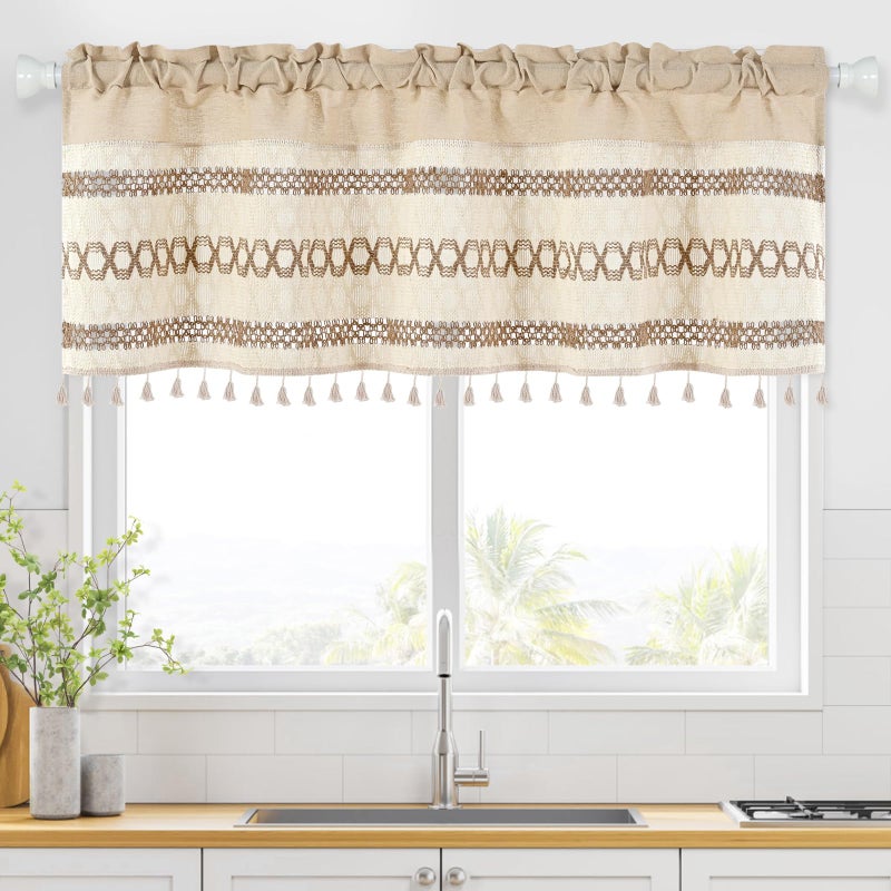 FRAMICS Farmhouse Valance for Windows Linen Valance for Kitchen Boho Crochet Short Curtain with Tassel Country Kitchen Curtain Light Filtering Rod Pocket Window Treatment for Bathroom, 1 Panel - Image 2