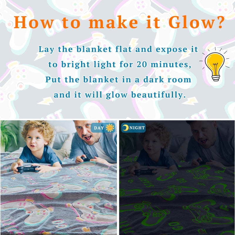 obinsm Glow in The Dark Blanket Gaming Controller Glowing Throw Blanket Gamer Plush Luminous Blankets and Throws Soft Fluffy Throw Gift for Kids Girls Boys Birthday Christmas Halloween Thanksgiving 50"" x 60"" - Image 5