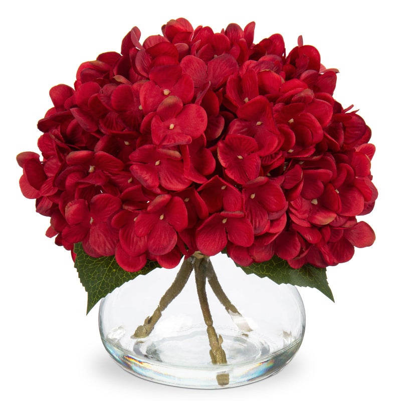 Hollyone Hydrangea Artificial Flowers in Vase Red Silk Fall Fake Flowers Arrangements with Glass Vase with Faux Water Faux Floral Bulk Bouquet for Office Table Centerpiece Shelf Home Decorations - Image 1