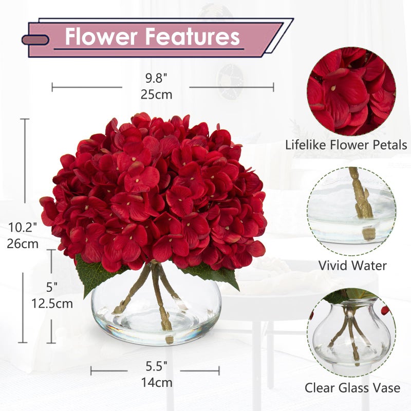 Hollyone Hydrangea Artificial Flowers in Vase Red Silk Fall Fake Flowers Arrangements with Glass Vase with Faux Water Faux Floral Bulk Bouquet for Office Table Centerpiece Shelf Home Decorations - Image 2