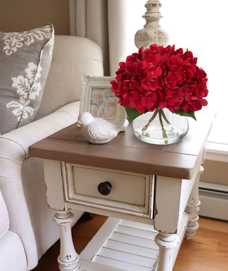 Hollyone Hydrangea Artificial Flowers in Vase Red Silk Fall Fake Flowers Arrangements with Glass Vase with Faux Water Faux Floral Bulk Bouquet for Office Table Centerpiece Shelf Home Decorations - Image 4