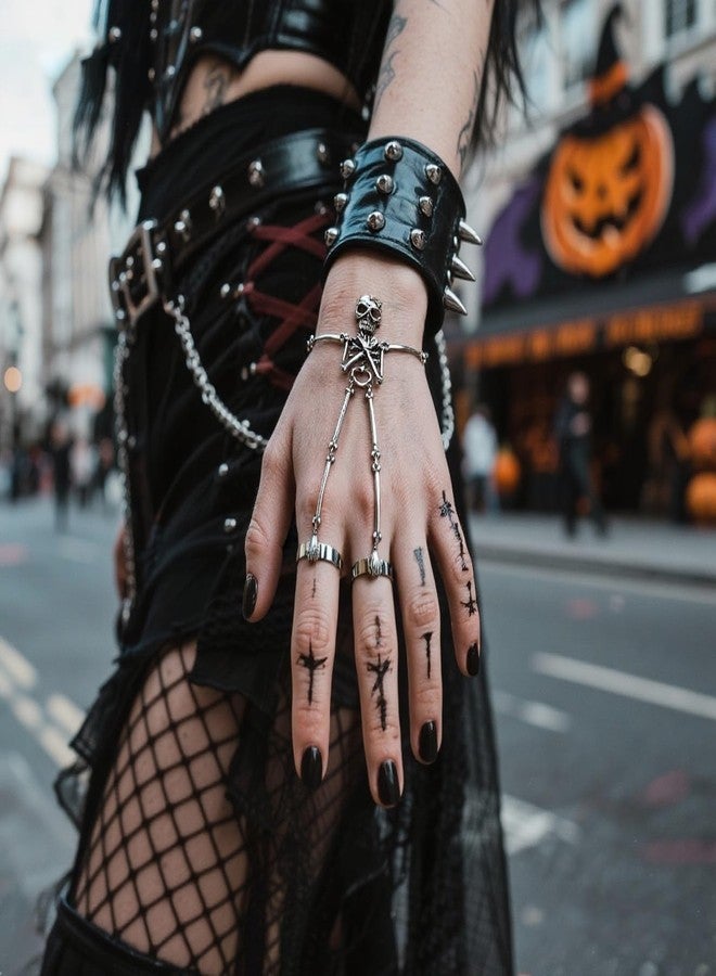 Cicod Skull Hand Chain Bracelet Skeleton Hand Chain Finger Ring Bracelet Goth Slave Chains Hands Harness Bracelets Goth Jewelry Halloween Outfits Accessories Silver3 - Image 4