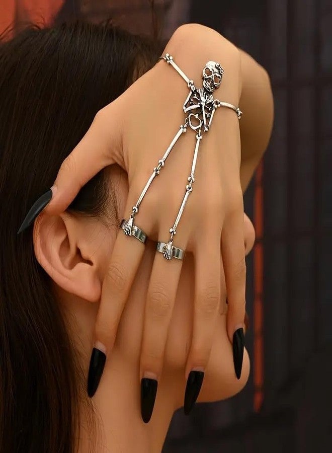 Cicod Skull Hand Chain Bracelet Skeleton Hand Chain Finger Ring Bracelet Goth Slave Chains Hands Harness Bracelets Goth Jewelry Halloween Outfits Accessories Silver3 - Image 3