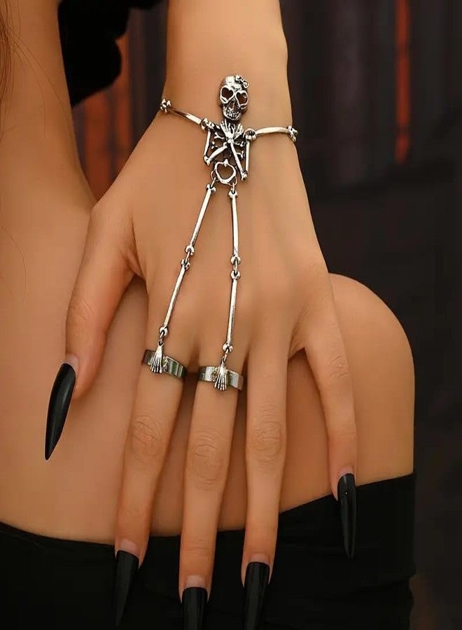 Cicod Skull Hand Chain Bracelet Skeleton Hand Chain Finger Ring Bracelet Goth Slave Chains Hands Harness Bracelets Goth Jewelry Halloween Outfits Accessories Silver3 - Image 2