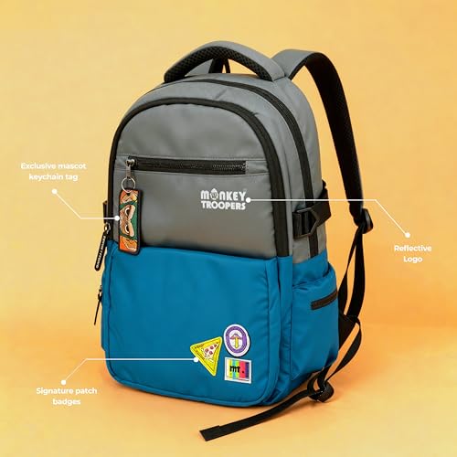 MONKEY TROOPERS Glitch Laptop Backpack Bag For Men Women, college, school, office, travel, casual, 16-inch, Dual Compartments & Multiple Organizer Pockets, 28 Litre, Water Resistant (Grey/Blue) - Image 4