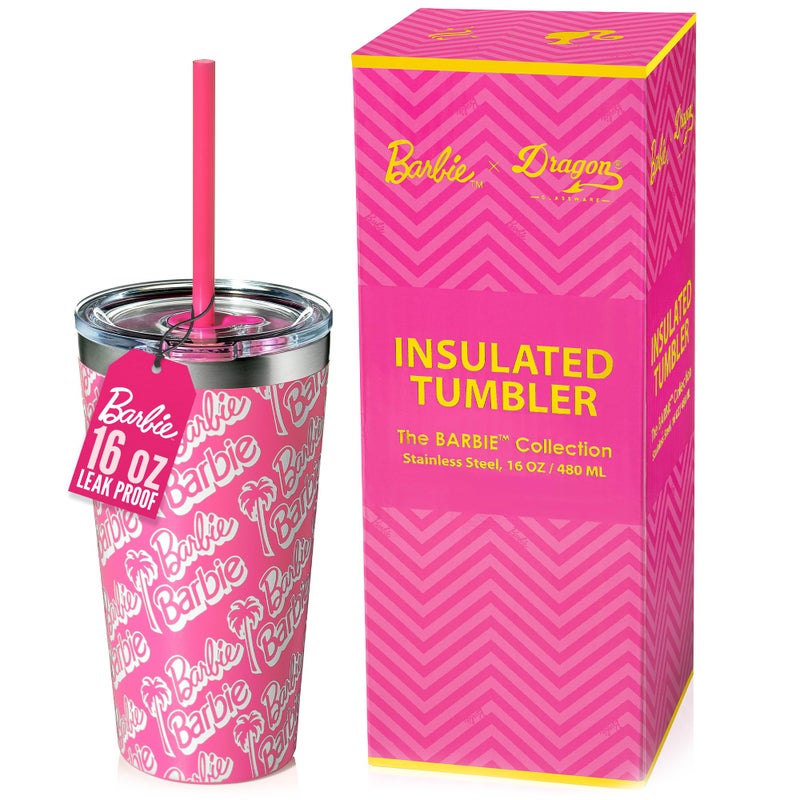 Dragon Glassware Dragon Glassware x Barbie Vacuum Insulated Tumbler with Lid and Straw - 16 oz Tumbler Cup with 2 Straws - Stainless  - Image 1