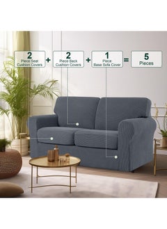 CHUN YI 5 Piece Loveseat Couch Covers, Stretch 2 Seater Sofa Slipcover With 2 Separate Backrest And Cushion Covers With Elastic Band, Love Seat Cover Checks Spandex Fabric(Medium, Gray)  - Image 2