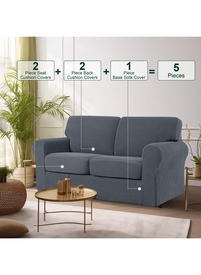CHUN YI 5 Piece Loveseat Couch Covers, Stretch 2 Seater Sofa Slipcover With 2 Separate Backrest And Cushion Covers With Elastic Band, Love Seat Cover Checks Spandex Fabric(Medium, Gray)  - Image 2