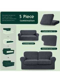 CHUN YI 5 Piece Loveseat Couch Covers, Stretch 2 Seater Sofa Slipcover With 2 Separate Backrest And Cushion Covers With Elastic Band, Love Seat Cover Checks Spandex Fabric(Medium, Gray)  - Image 3