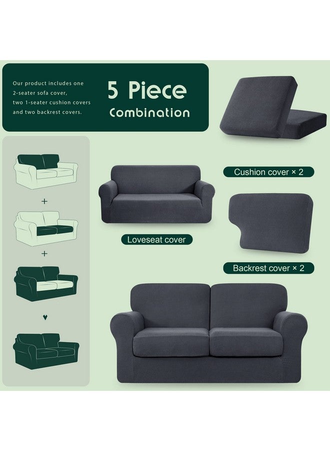 CHUN YI 5 Piece Loveseat Couch Covers, Stretch 2 Seater Sofa Slipcover With 2 Separate Backrest And Cushion Covers With Elastic Band, Love Seat Cover Checks Spandex Fabric(Medium, Gray)  - Image 3