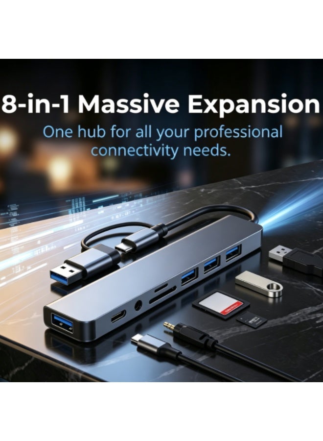 Dual Plug 8-in-1 USB C Docking Station Multi Function Hub USB 3.0 Splitter TF SD Card Reader 3.5mm Audio Port Type C Adapter - Image 1