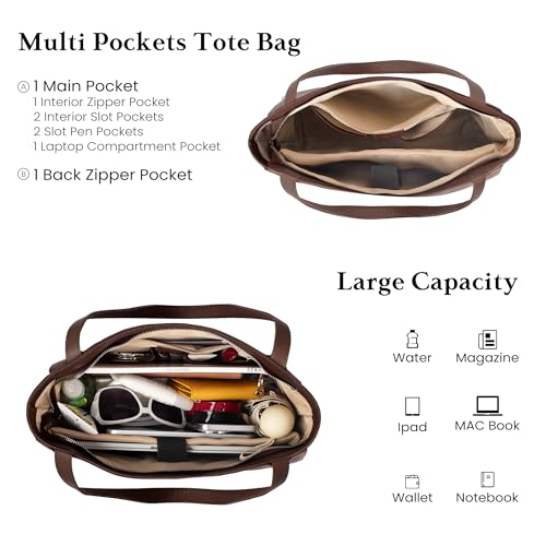 befen Real Leather Dark Brown Tote Bag for Women Work, Women's Tote Bags Purses for Daily and Travel Coffee - Image 3