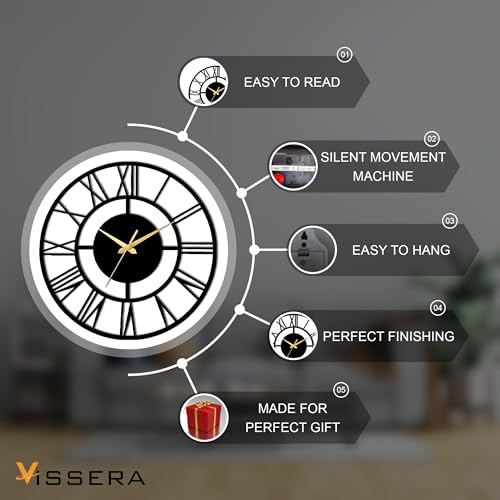 Vissera Silent Wall Clock for Bedroom | Decorative Metal Wall Watch for Living Room | Antique Designer Big Size Roman Number Modern Hanging Clock for Home Décor, Dining, Drawing, Wall Decoration Items - Image 3