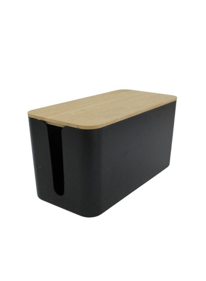 Cable Management Box With Wooden Lid Power Strip Organizer Cable Storage Box Black - Image 1