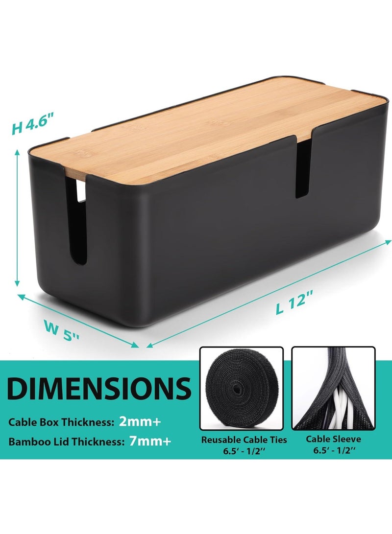 Cable Management Box With Wooden Lid Power Strip Organizer Cable Storage Box Black - Image 3