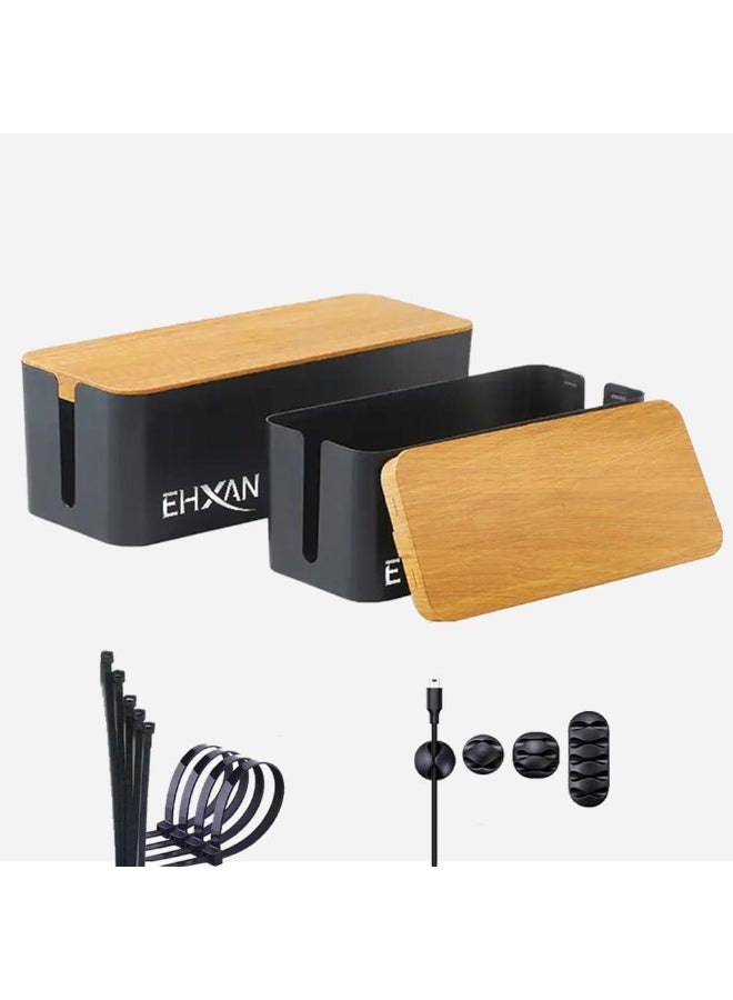 Cable Management Box With Wooden Lid Power Strip Organizer Cable Storage Box Black - Image 4