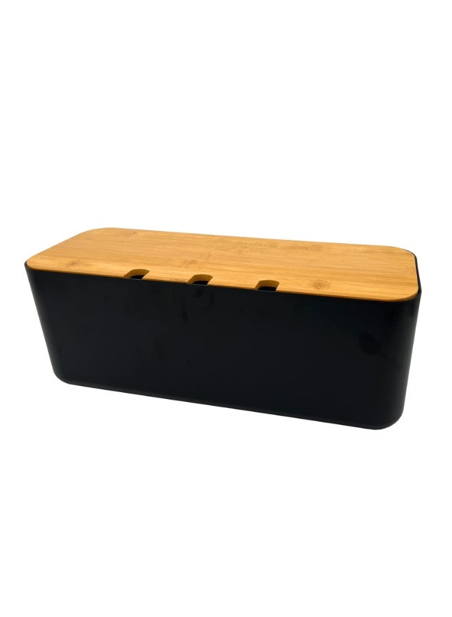Cable Management Box With Wooden Lid Power Strip Organizer Cable Storage Box Black - Image 2
