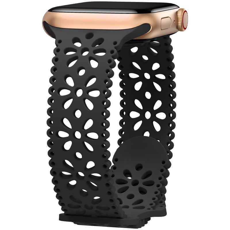 حزام ساعة نسائي أخضر من الدانتيل متوافق مع Apple Watch، مشبك مجوف وقابل للتنفس يناسب مقاسات 38 و40 و41 ملم من ساعات Iwatch Ultra وSE وسلسلة 9 و8 و7 و6 و5 و4 و3 و2 و1، حزام ناعم مناسب للسباحة والجيم والاستخدام اليومي. - Image 1