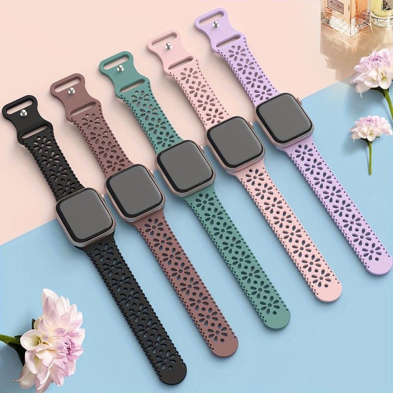 حزام ساعة نسائي أخضر من الدانتيل متوافق مع Apple Watch، مشبك مجوف وقابل للتنفس يناسب مقاسات 38 و40 و41 ملم من ساعات Iwatch Ultra وSE وسلسلة 9 و8 و7 و6 و5 و4 و3 و2 و1، حزام ناعم مناسب للسباحة والجيم والاستخدام اليومي. - Image 5