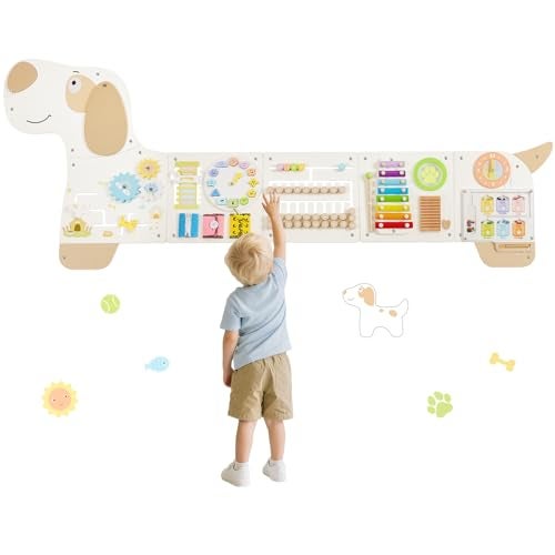 PIIKAGO Wooden Dog Wall Busy Board Panels Sensory Wall Activity Board for Toddlers 13 Montessori Learning Activity Center Educational Toys for Kids Room Preschool Daycare - Image 1