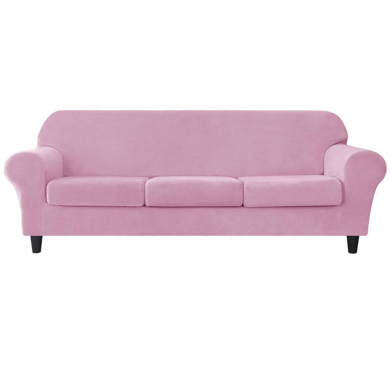 CONRUSER Stretch Sofa Slipcover Soft Velvet Sofa Covers for 3 Cushion Couch Thick Furniture Protector for Pets Kids Pink L