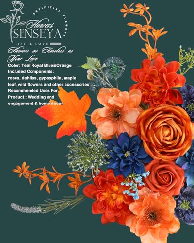 Senseya Artificial Flowers Combo Teal Orange Silk Roses Peonies Dahlias with Stems for DIY Wedding Bouquets Baby Shower Table Centerpieces Home Decor Fake Floral Arrangements Party Decorations - Image 3