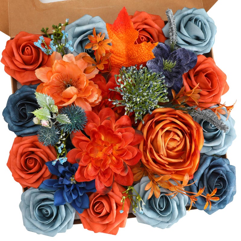 Senseya Artificial Flowers Combo Teal Orange Silk Roses Peonies Dahlias with Stems for DIY Wedding Bouquets Baby Shower Table Centerpieces Home Decor Fake Floral Arrangements Party Decorations - Image 2