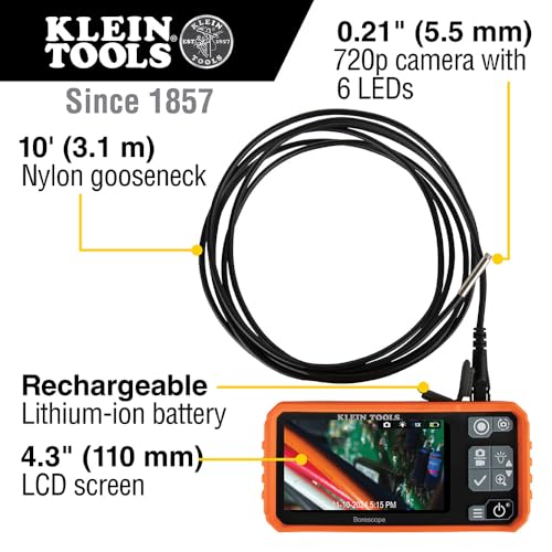 Klein Tools كاميرا بوري سكوبي من كلاين تولز ET17 مع ثعبان مرن مقاوم للماء بطول 5.5 مم و 9.8 قدم، LEDs، شاشة LCD بحجم 4.3 بوصة، ملحقات، كاميرا فحص بالمنظار - Image 2