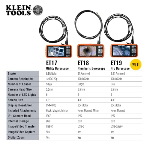 Klein Tools كاميرا بوري سكوبي من كلاين تولز ET17 مع ثعبان مرن مقاوم للماء بطول 5.5 مم و 9.8 قدم، LEDs، شاشة LCD بحجم 4.3 بوصة، ملحقات، كاميرا فحص بالمنظار - Image 5