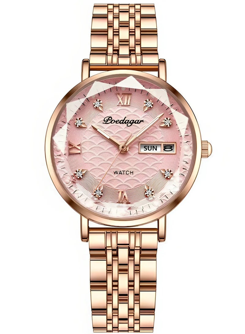پوداجار ساعة نسائية فاخرة بساعة وردية: ذهب وردي وفولاذ, مقاومة للماء, للحفلات واليوم - هدية مثالية - Image 1
